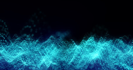 Blue waves from particles and stripes beautiful bright glowing shiny with magical energy with blur effect. Abstract background