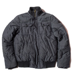 Grey winter down puffer jacket on white background