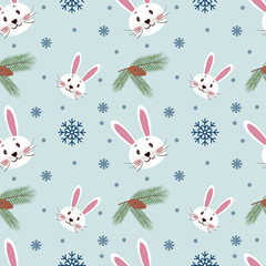 Seamless winter or new year pattern with rabbit, snowflakes, spruce branch with a cone on blue background. Winter, Merry christmas and happy new year. vector illustration 
