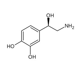 Noradrenaline molecular structure. Noradrenaline, or Norepinephrine, is neurotransmitter and hormone in human body. Vector structural formula of chemical compound with red bonds and black atom labels.