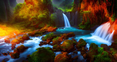 Ai Digital Illustration Beautiful Mystical Forest With Waterfalls