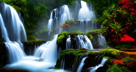 Fototapeta na wymiar Ai Digital Illustration Beautiful Mystical Forest With Waterfalls