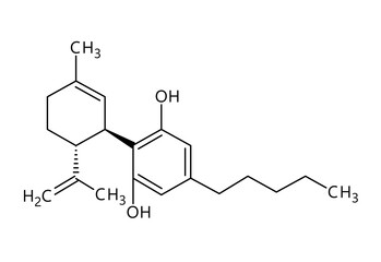 Obraz premium Cannabidiol, or CBD, molecular structure. Cannabidiol is a phytocannabinoid extracted from cannabis. Vector structural formula of chemical compound with red bonds and black atom labels.