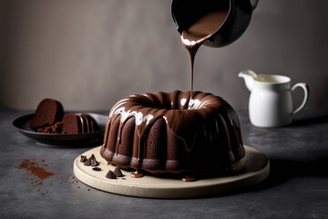 illustration of a bundt cake , chocolate cake with melted chocolate pouring from top