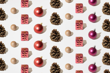Gift box, pinecone and new year christmas bulb. Pattern.