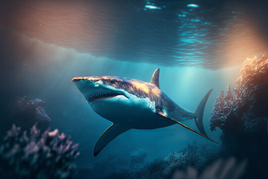 illustration of big Shark swimming under clean blue ocean water idea concept for environment preservation