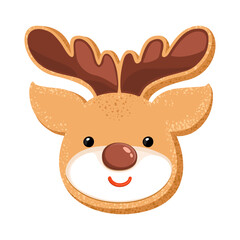 Christmas sugar cookie cute deer face. Gingerbread reindeer head shape bisquit glased or decorated with icing. Home bakery pastry. Shortbread home made cooking sweet Xmas snack. Cartoon vector design.