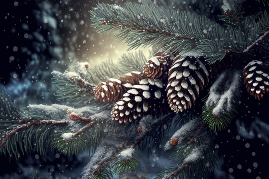 illustration of  snowy day with pine cone that covered with snowflakes 