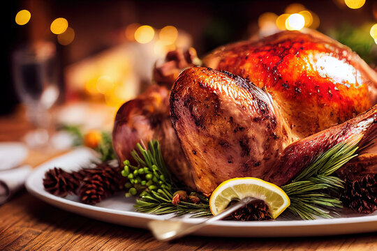 image of a juicy and delicious turkey on a table on Christmas Eve.