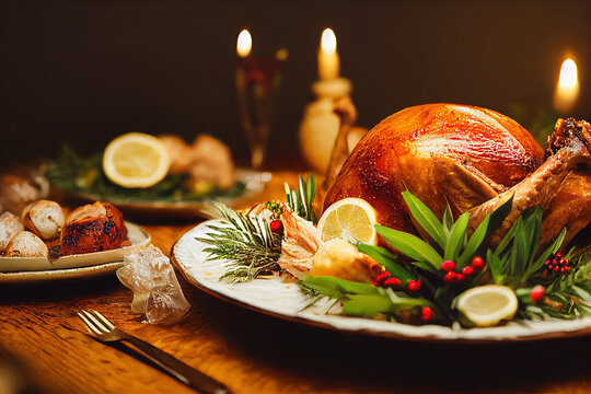 image of a juicy and delicious turkey on a table on Christmas Eve.