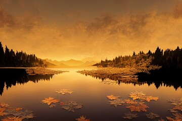 Fototapeta premium Golden light of sun in autumn scenery with forest and lake. Generative AI