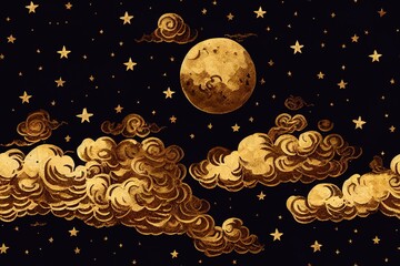 Moon, stars and clouds in night sky. Luxurious golden pattern on dark background. Repeat pattern for wallpaper, fabric, paper packaging, curtains, duvet covers, pillows, design. Generative AI