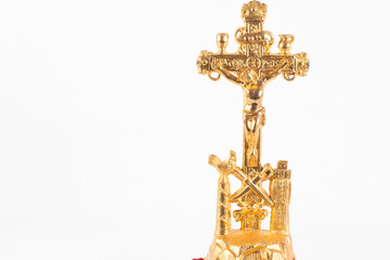Gold Altar Crucifix Jesus Christ On Cross With Skull & Crossbones At Feet