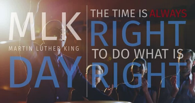 Animation of martin luther king day text over african american male speaker with colleagues