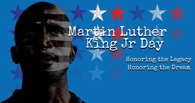 Martin luther king jr day text banner and african american male athlete on blue background