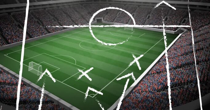 Animation of sports stadium over plan of stadium