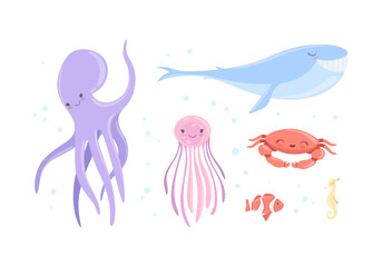Cute Octopus, Whale, Crab, Jellyfish and Seahorse as Sea Animal Floating Underwater Vector Set