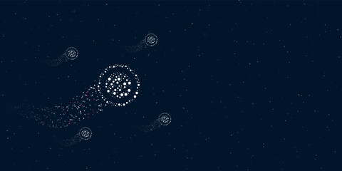 Obraz na płótnie Canvas A sushi roll symbol filled with dots flies through the stars leaving a trail behind. There are four small symbols around. Vector illustration on dark blue background with stars