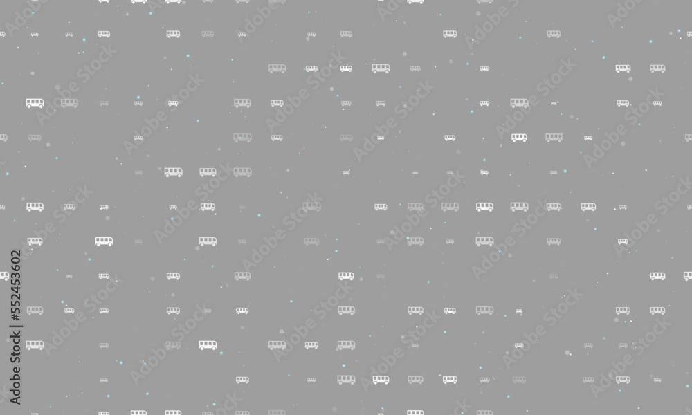 Poster Seamless background pattern of evenly spaced white bus symbols of different sizes and opacity. Vector illustration on gray background with stars