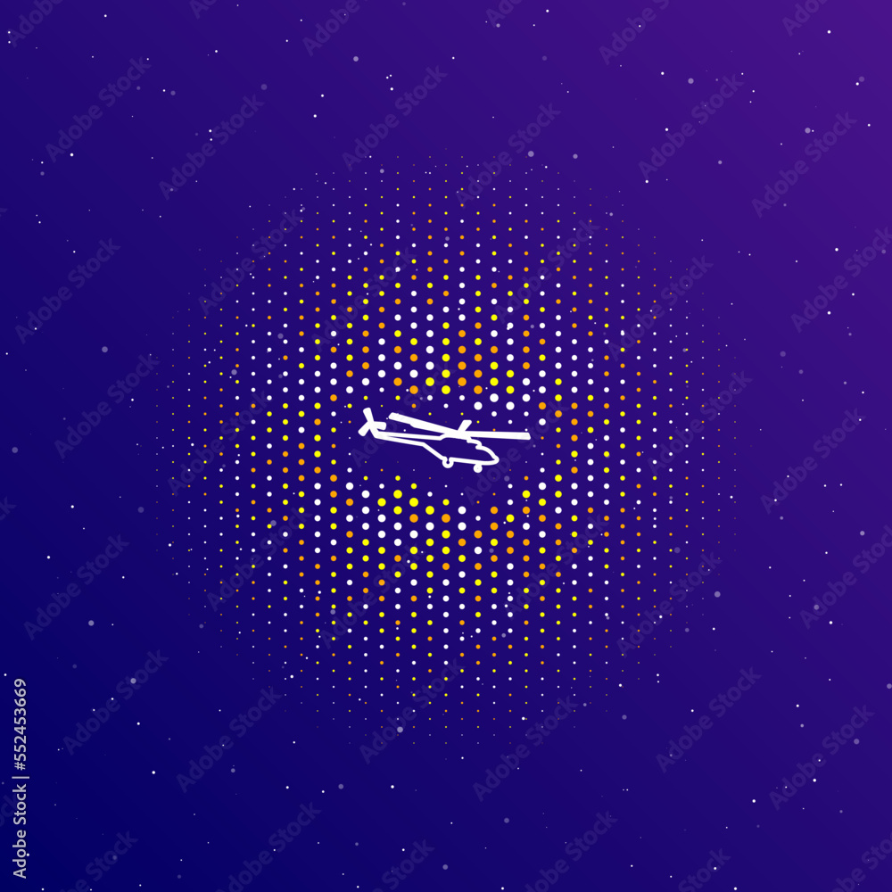 Poster a large white contour helicopter symbol in the center, surrounded by small dots. dots of different c