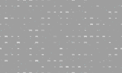 Seamless background pattern of evenly spaced white bus symbols of different sizes and opacity. Vector illustration on gray background with stars