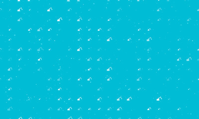 Seamless background pattern of evenly spaced white excavator symbols of different sizes and opacity. Vector illustration on cyan background with stars