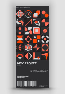 Modern exhibition ticket template layout made with abstract vector geometric shapes. Brutalism inspired graphics. Great for branding presentation, poster, cover, art, tickets, prints, etc.