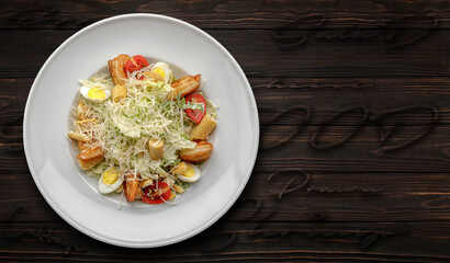 Caesar salad with shrimps, on a dark background.. Banner