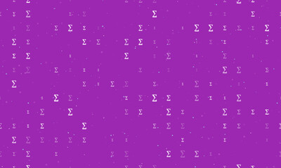 Seamless background pattern of evenly spaced white sigma symbols of different sizes and opacity. Vector illustration on purple background with stars