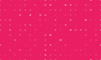 Seamless background pattern of evenly spaced white Korean won signs of different sizes and opacity. Vector illustration on pink background with stars