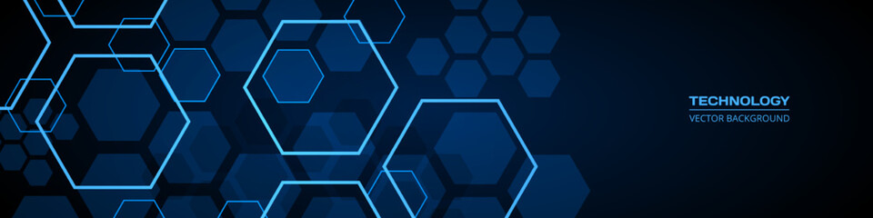 Obraz na płótnie Canvas Dark blue technology abstract wide background with hexagonal elements. Abstract hexagon medical navy blue horizontal banner. Innovation medicine, science, technology or higher intelligence design.