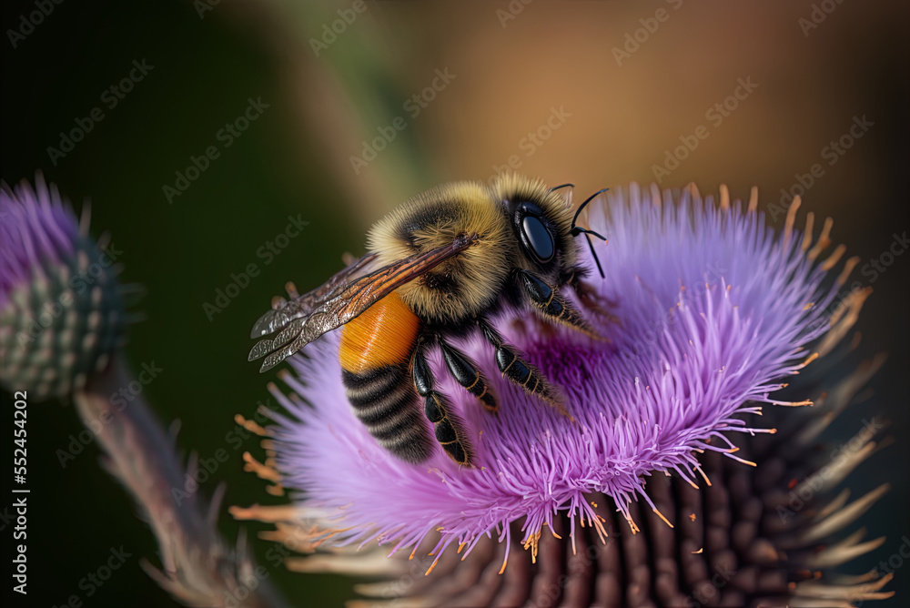 Poster image of a bee visiting a thistle flower for a closeup of the pollen it contains generative ai