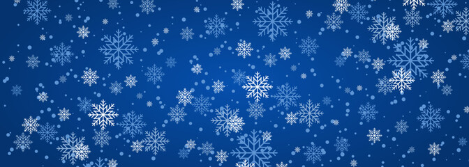 Christmas snowfall, festive mood, snow and swirling snowflakes on wide blue background. New year illustration with snowflakes. Vector illustration