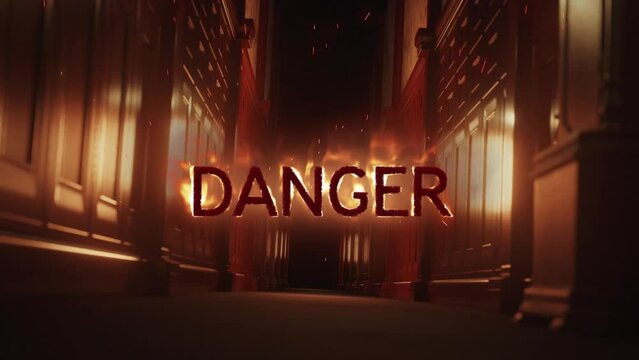 Animation of danger with flames over scary narrow corridor