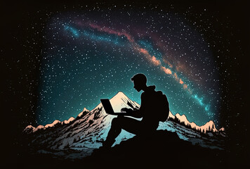 A silhouette of a person using a laptop while perched on a mountain with the Milky Way in the backdrop. Generative AI