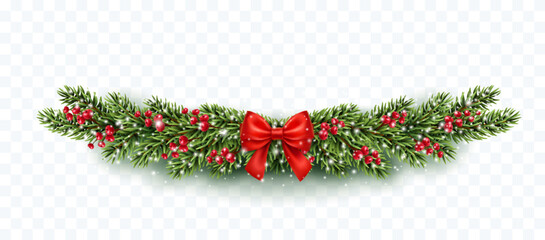 Christmas tree garland decoration with green fir branches, snow, berries, red bow isolated on transparent background. Vector  pine, xmas evergreen plant banner. © Kindlena