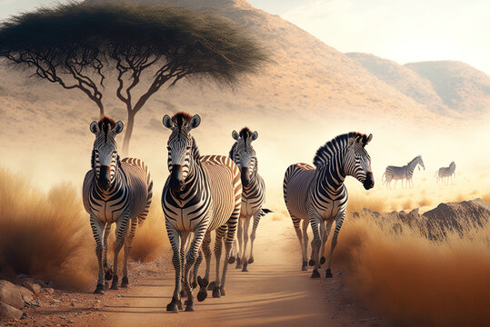 Lovely picture of zebras climbing a hill. Generative AI
