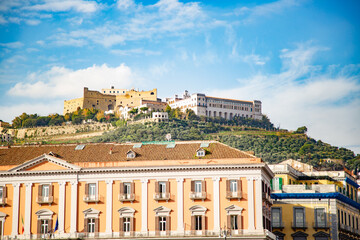 Panoramic view of the city of Naples in southern Italy. The historical part of the Italian Naples and the castle of Sant'Elmo on top of the city