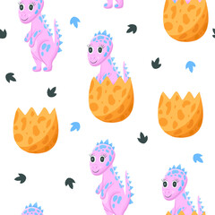 Kids seamless background with little pink dino in egg