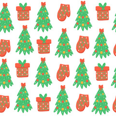 Christmas seamless pattern with pine tree and gift box. Vector holiday illustration