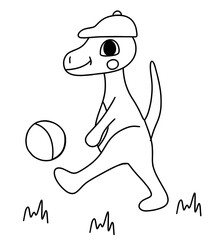 Coloring book page with dinosaur plaing football