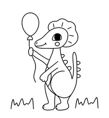 Coloring book page with dinosaur with balloon