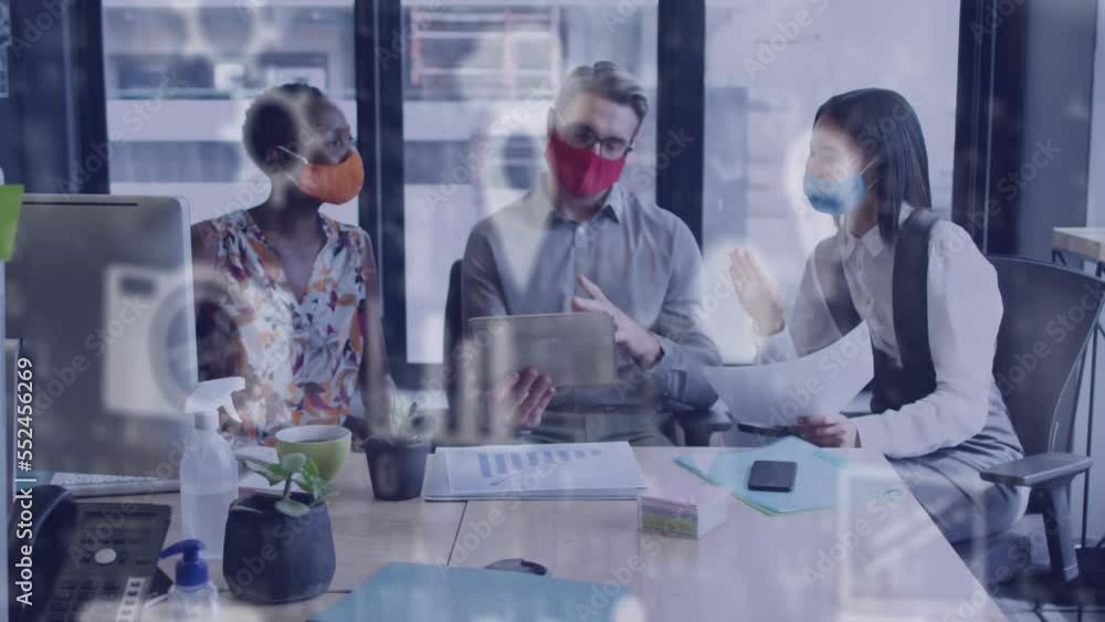 Poster animation of data processing over diverse business people with face masks in office