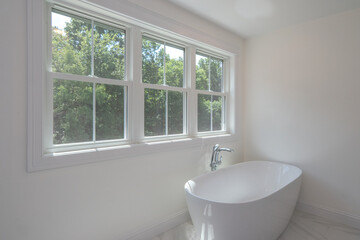 master bath shower with large windows and sitting tub