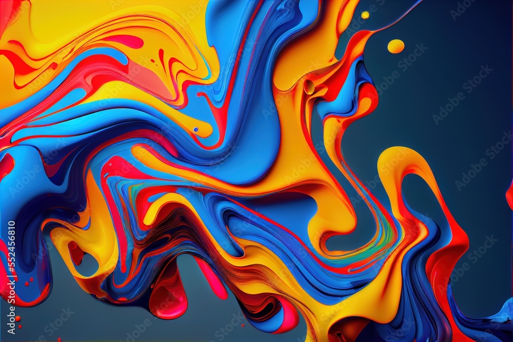 Poster a colorful abstract painting with a blue background and yellow and red colors on it's surface. gener