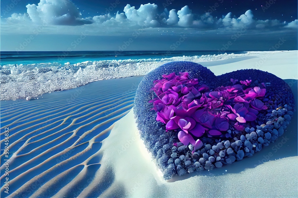 Aufkleber a heart shaped object sitting on top of a sandy beach next to the ocean with waves coming in and out