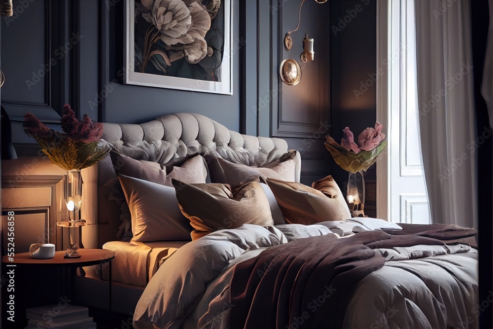 Poster a bed with a large headboard and a painting on the wall above it and a lamp on the side table. gener
