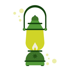 Green retro kerosene lantern with fire. Vintage, camping lamp. Vector illustration