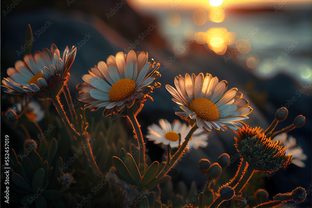 Poster a group of daisies in a field with the sun setting in the background and a body of water in the dist