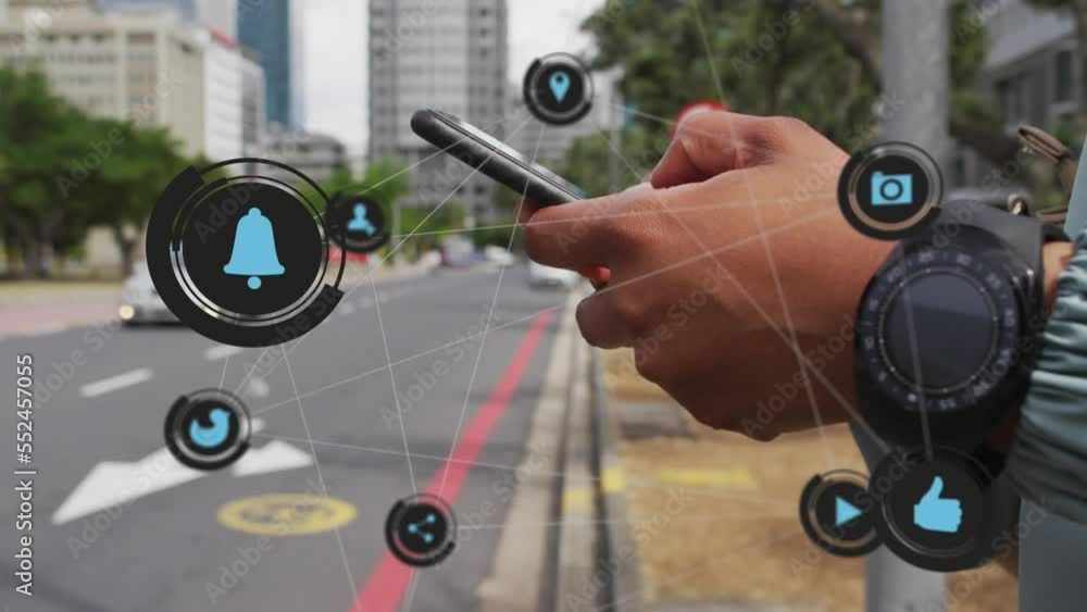Poster animation of network of connections over hand using smartphone